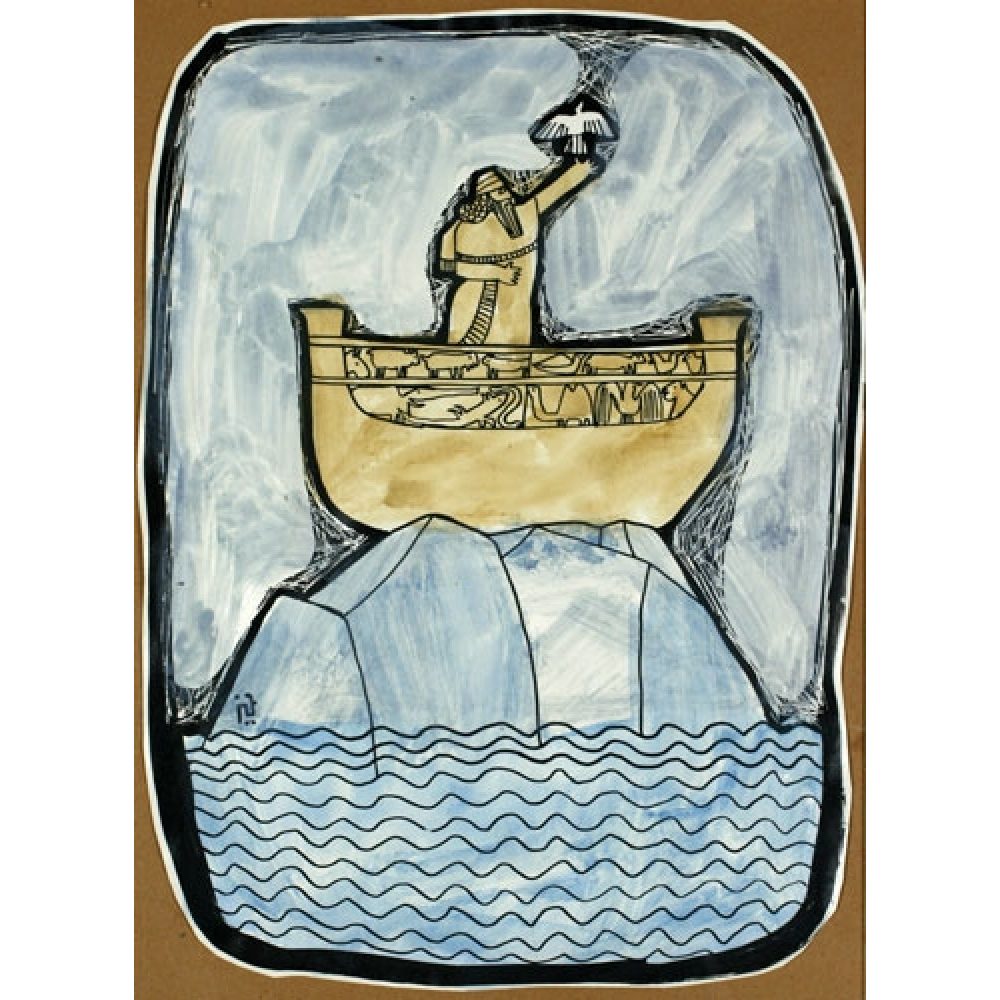 Ink and watercolor artwork depicting a bearded figure standing, hand held up to the sky, in a decorated yellow boat on a blue-gray rock above water, with a cloudy sky background.
