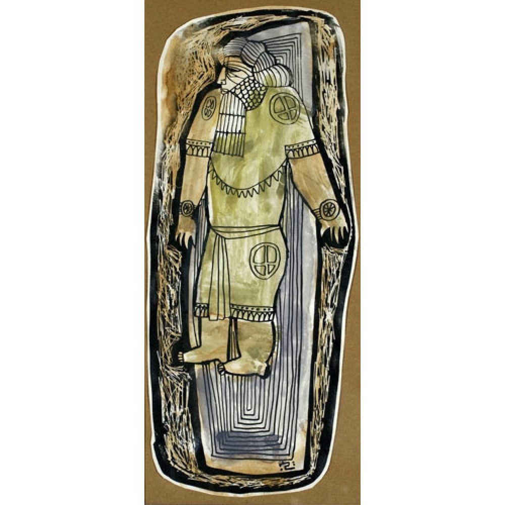 Ink and watercolor artwork depicting a bearded figure in earthy browns and greens and black contours, standing in profile and wearing a tunic-like garment decorated with circular motifs and intricate linework. The background features layered, concentric lines.