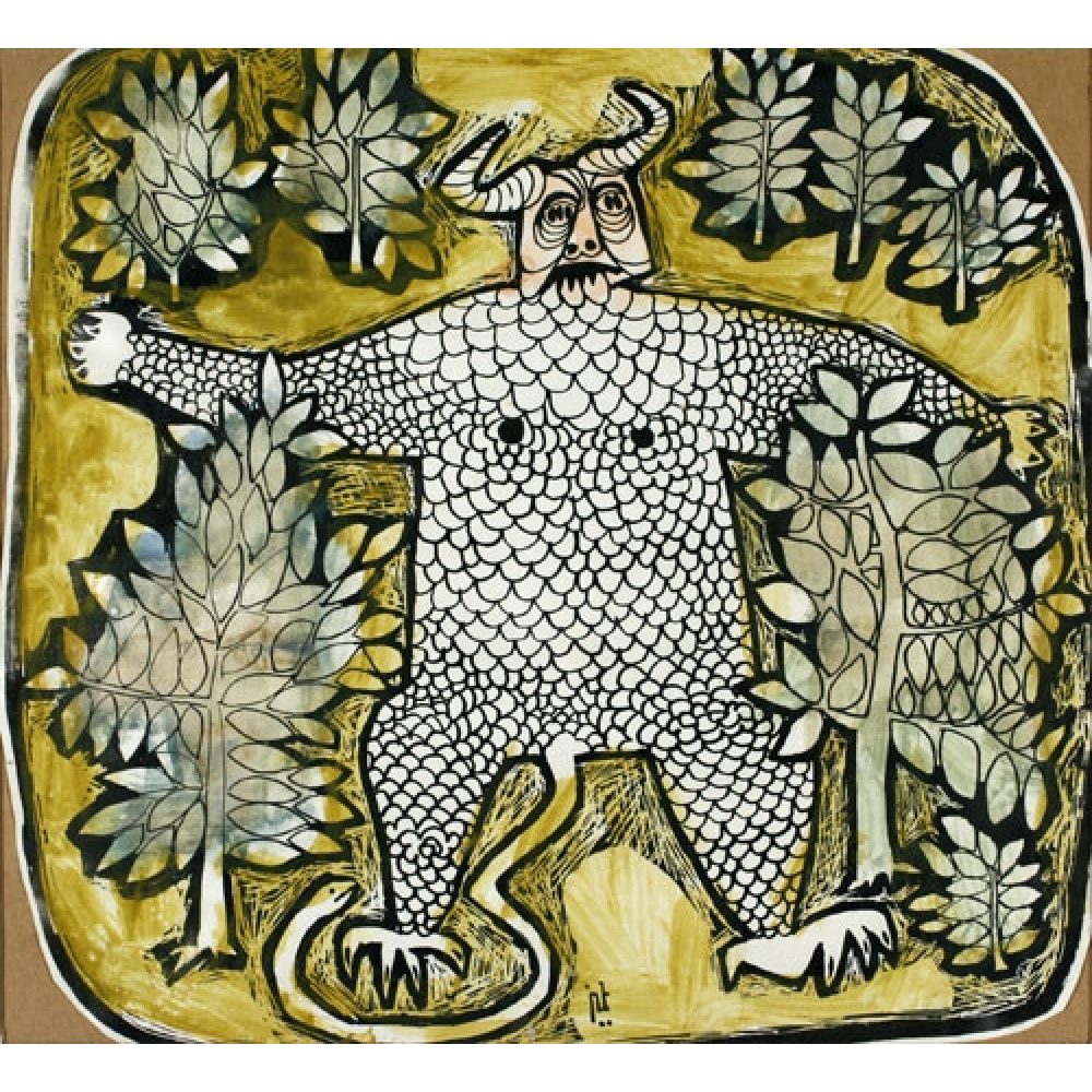 Ink and watercolor artwork depicting a stylized creature with horns and a scale-patterned body standing among stylized trees and an olive-green and dark yellow background.