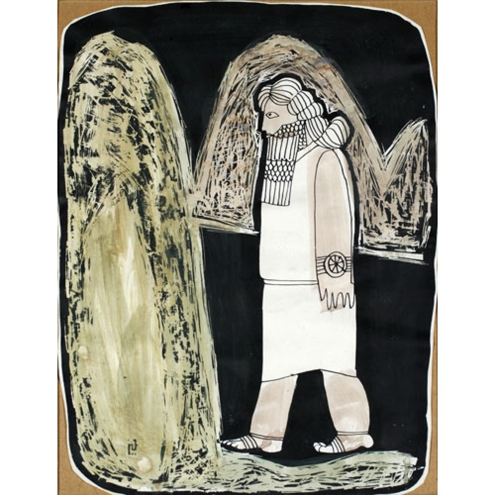 Abstracted ink and watercolor rendering of a bearded figure in a tunic-like garment walking past simply drawn tan and black mountains against a flat black background.