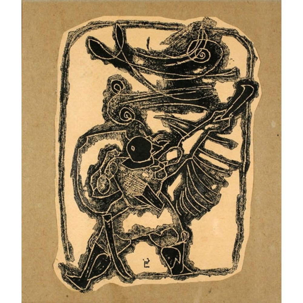 Artwork depicting a central humanoid figure in black crayon and ink, with exaggerated limbs, possibly holding a long object, standing alongside another indistinct form that incorporates sweeping, curved lines. The composition is on a beige background, encapsulated within an uneven, irregularly shaped border.