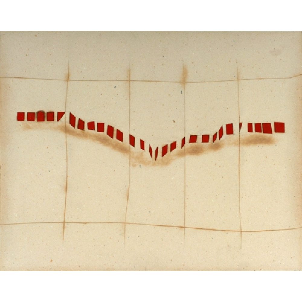 Abstract mixed media work depicting a sinuous march of red musical notes against a loosely incised grid on a beige background.