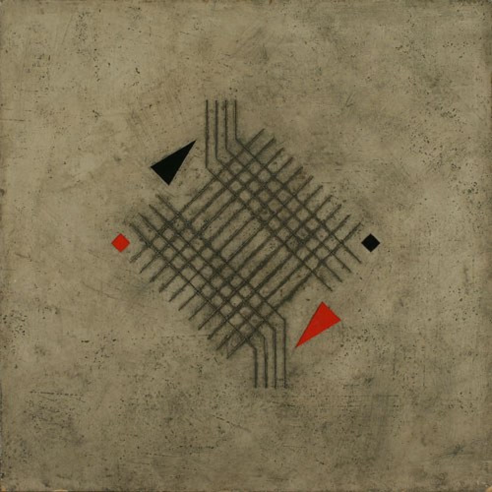 Geometric abstract artwork with a muted, textured background that is a grey-brown color. At the center, a diamond shape is formed by a network of intersecting lines, creating a grid pattern, which is surrounded by a few black and red geometric shapes.