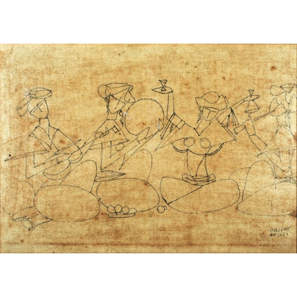 Abstract line drawing of figures seated together holding instrument-like objects, on a textured brown background.