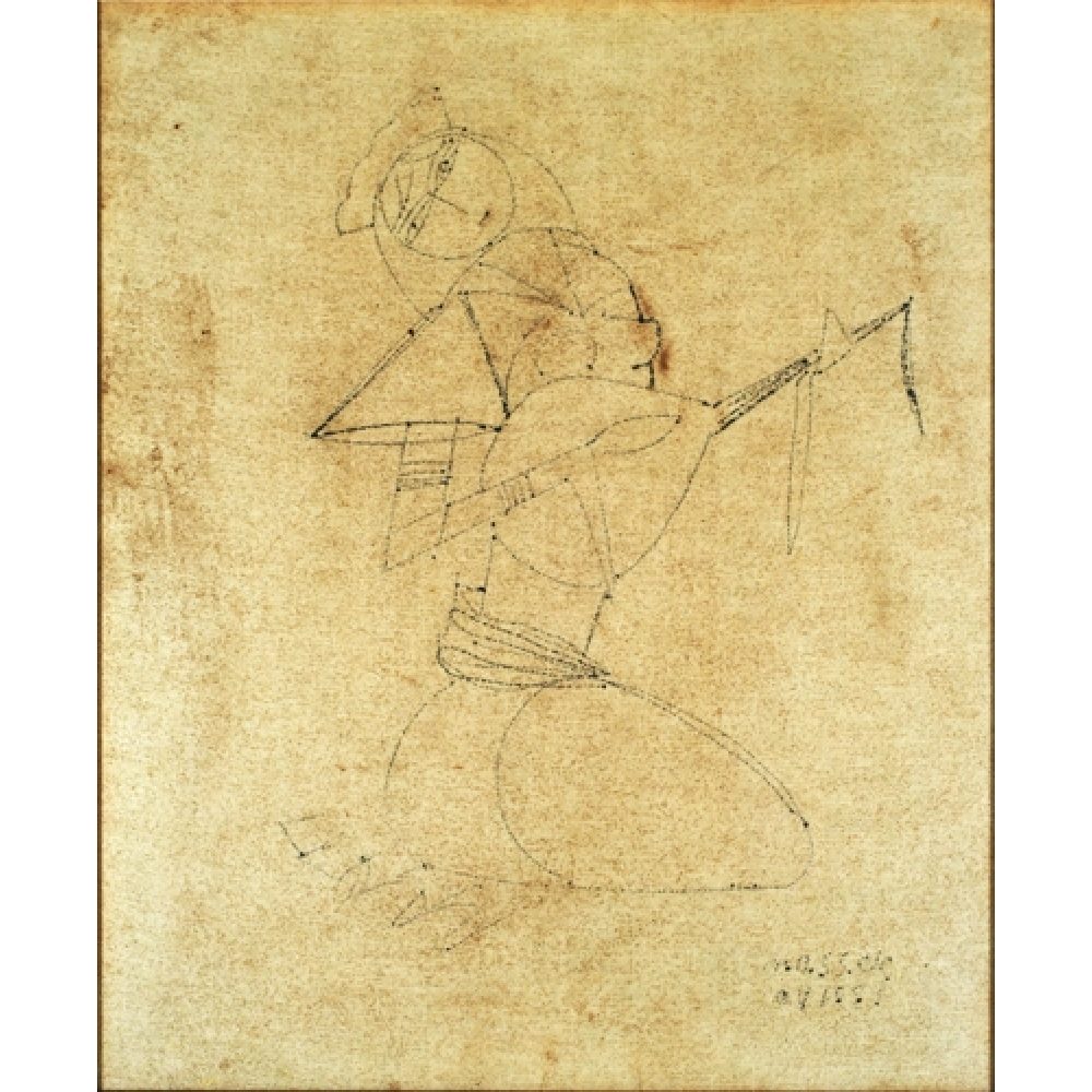 Abstract drawing of a kneeling figure holding a stringed instrument drawn with thin lines on tan background.