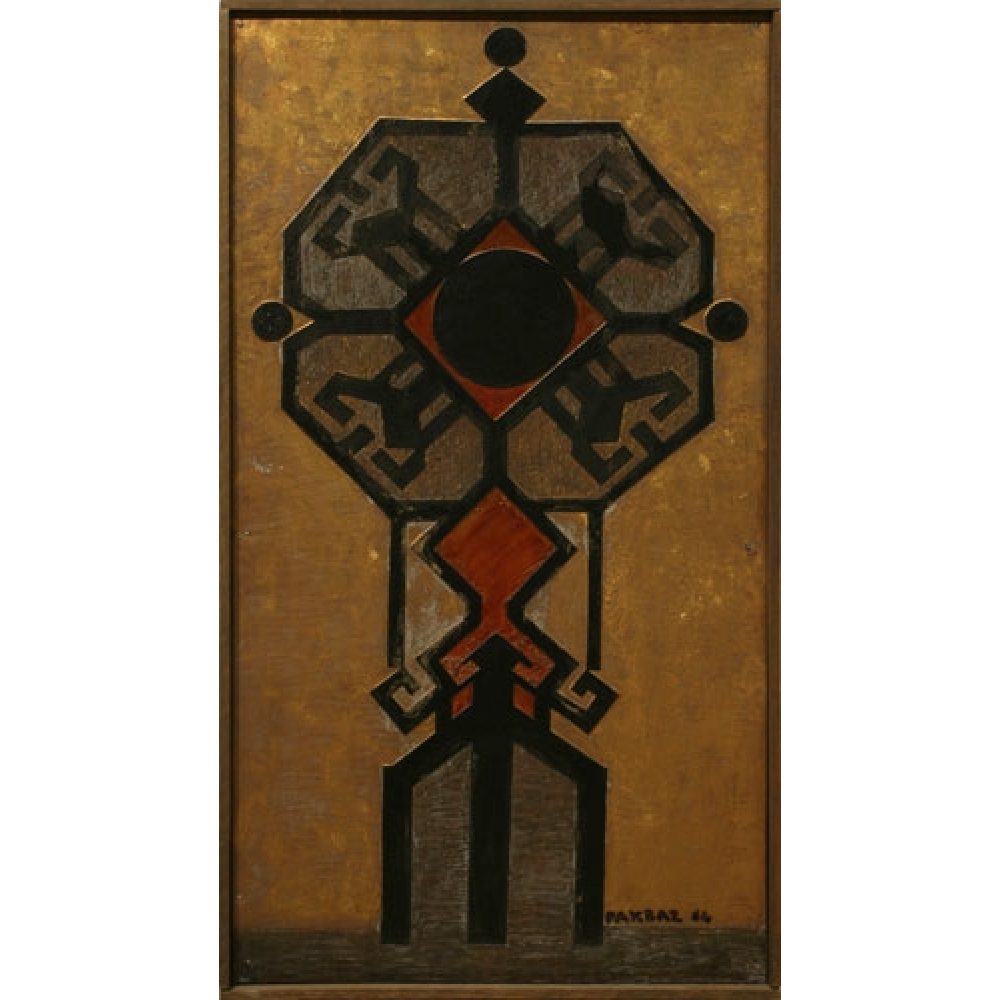 Symmetrical geometric design with painted black and red shapes on a golden metallic background.  At the center is a large, symmetrical, abstract form composed of various interconnected shapes, including a central circle surrounded by complex angular patterns framed by thick black lines. The structure extends vertically across the canvas, creating a totem-like appearance.