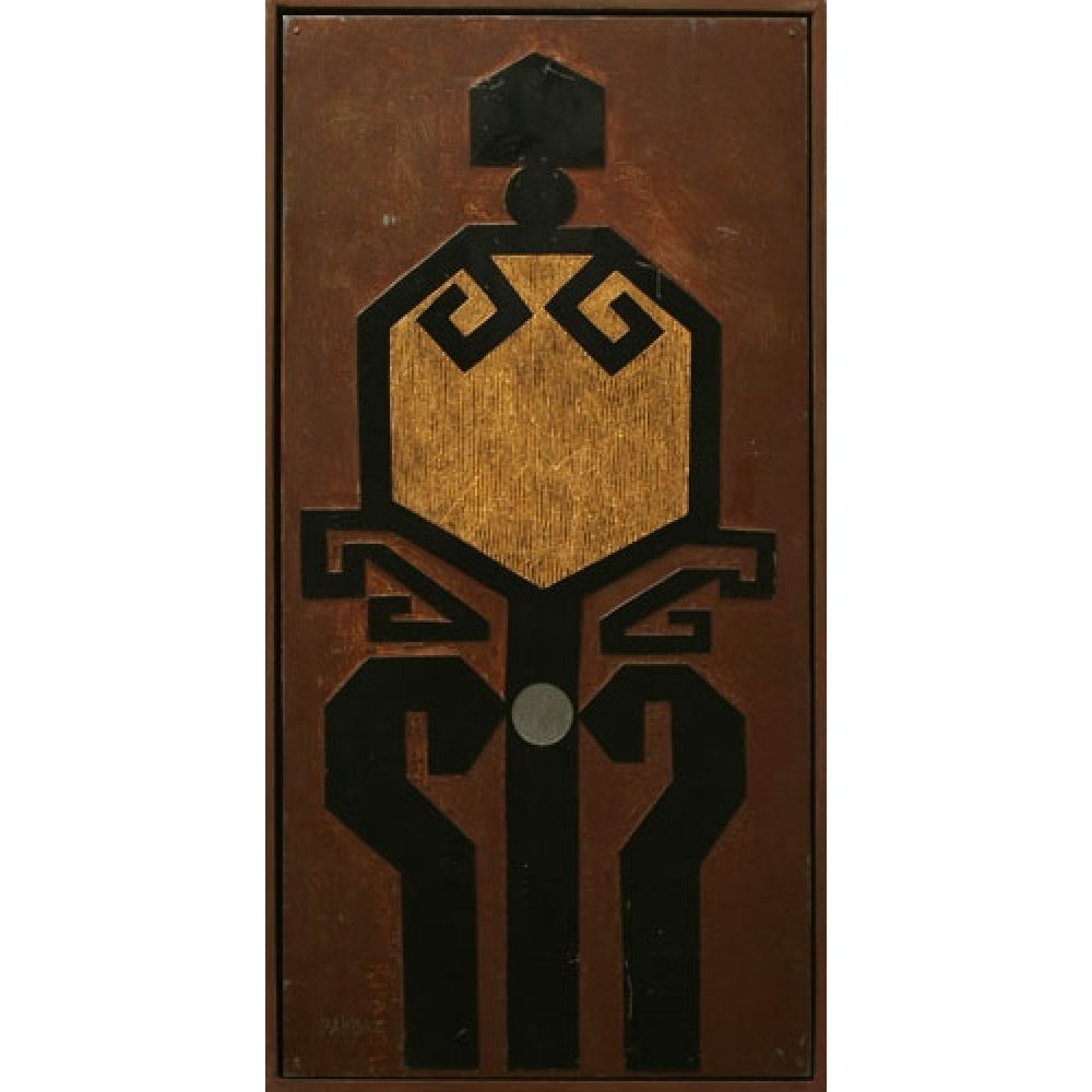 Symmetrical geometric design with painted black and yellow shapes on a brown metallic background. At the center, there is a large, textured golden-yellow shield-like shape bordered by a thick black outline; this central shape is surrounded by symmetrical black contours and geometric shapes. The structure extends vertically across the canvas, creating a totem-like appearance.