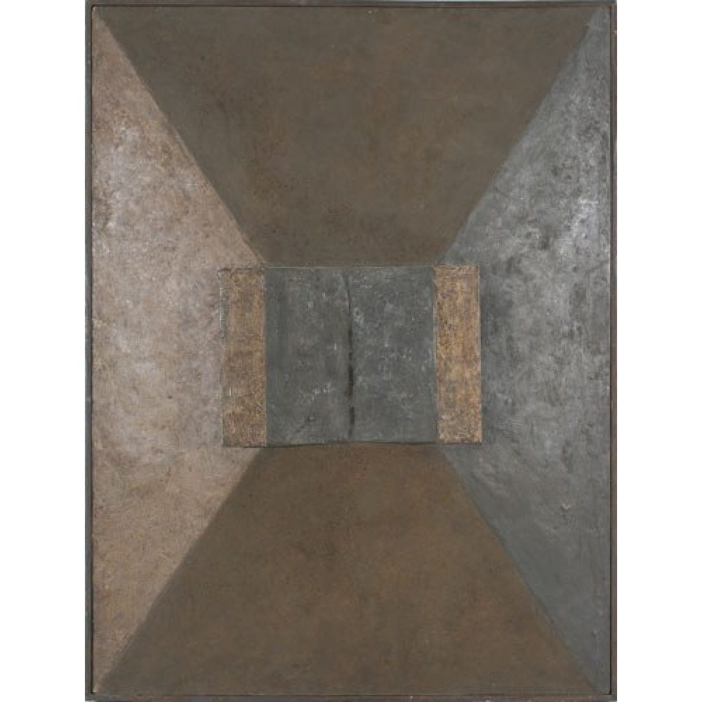 Three-dimensional wood construction painted with oils, with central gray rectangles and surrounding triangular sections in earthy tones