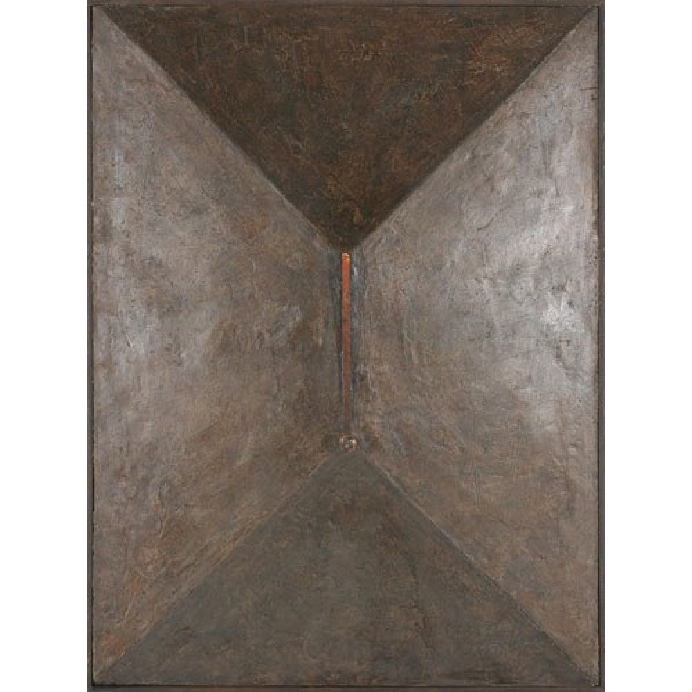 Three-dimensions wood construction painted with oils, featuring a central vertical ridge with a warm orange accent.
