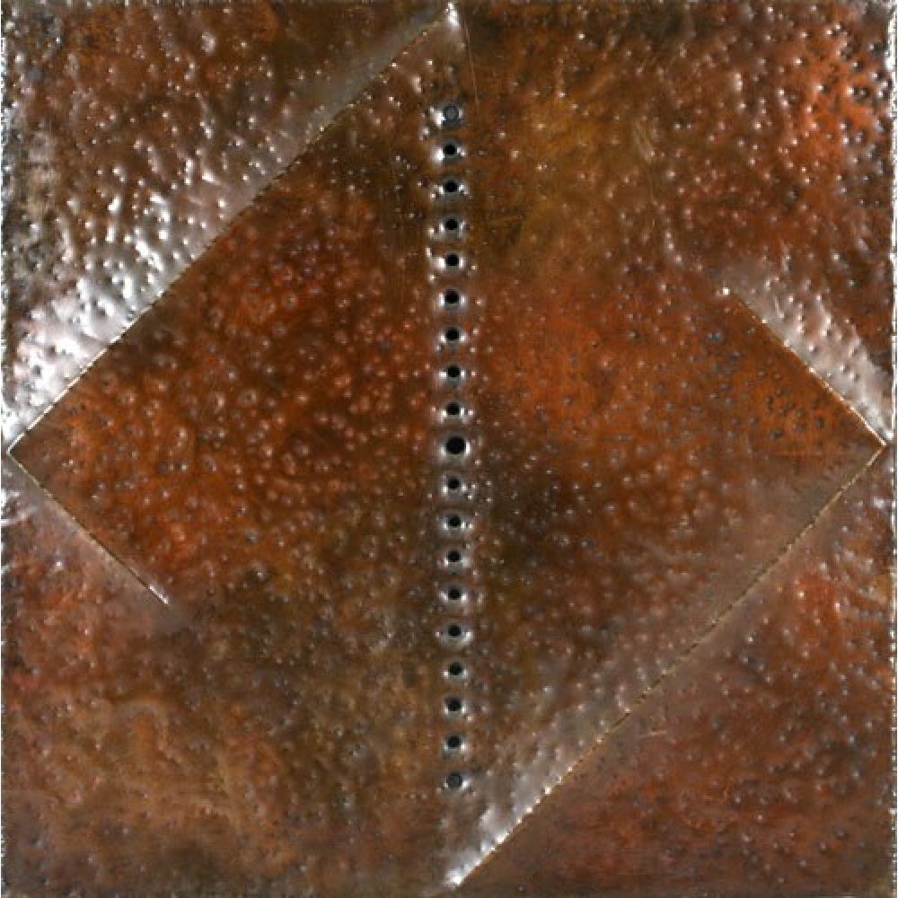Artwork with a textured, rust-colored metallic surface and a central vertical line of circular perforations, surrounded by a hammered impression of a diamond shape.