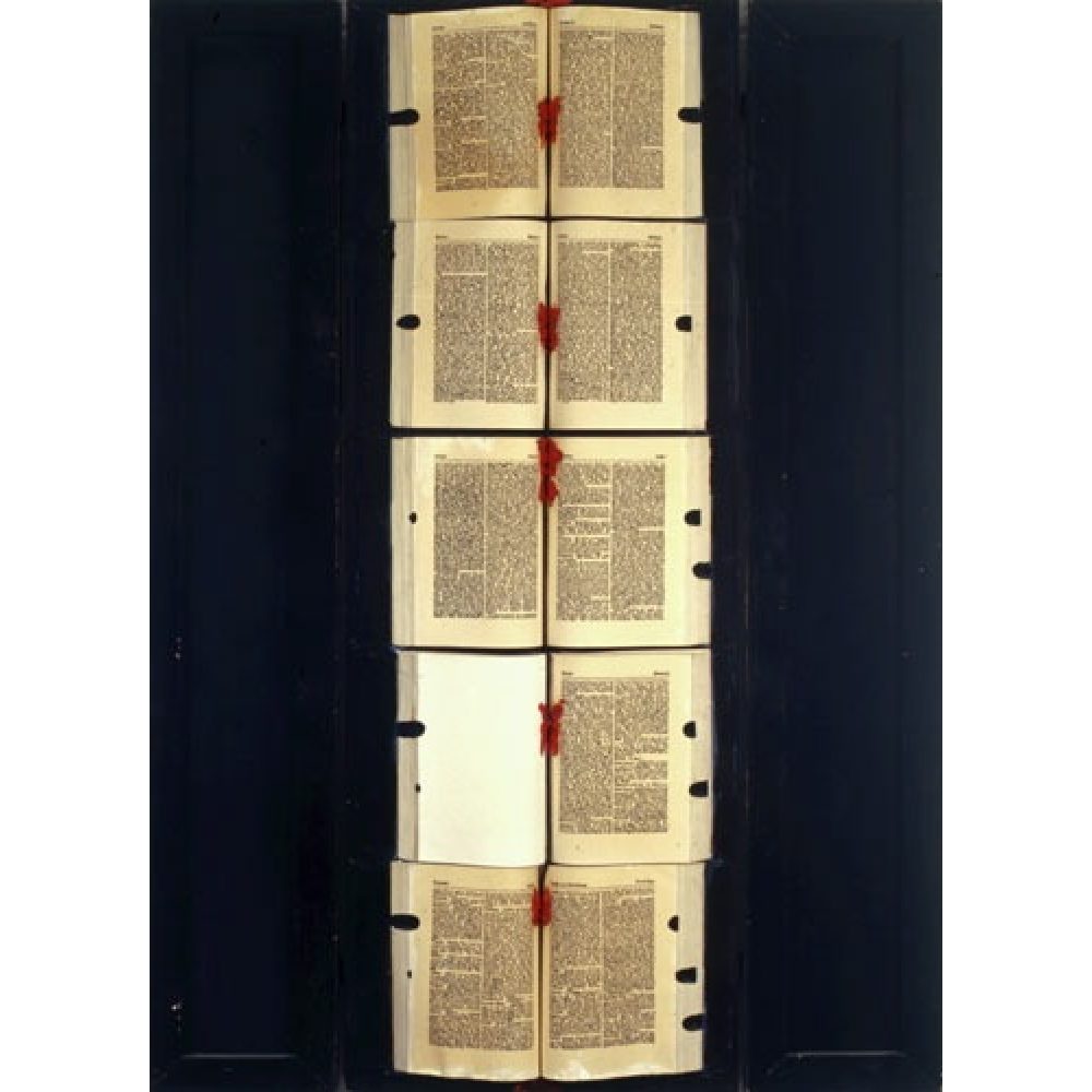 Artwork made of six open books with red ribbons, arranged vertically on a dark wooden background.