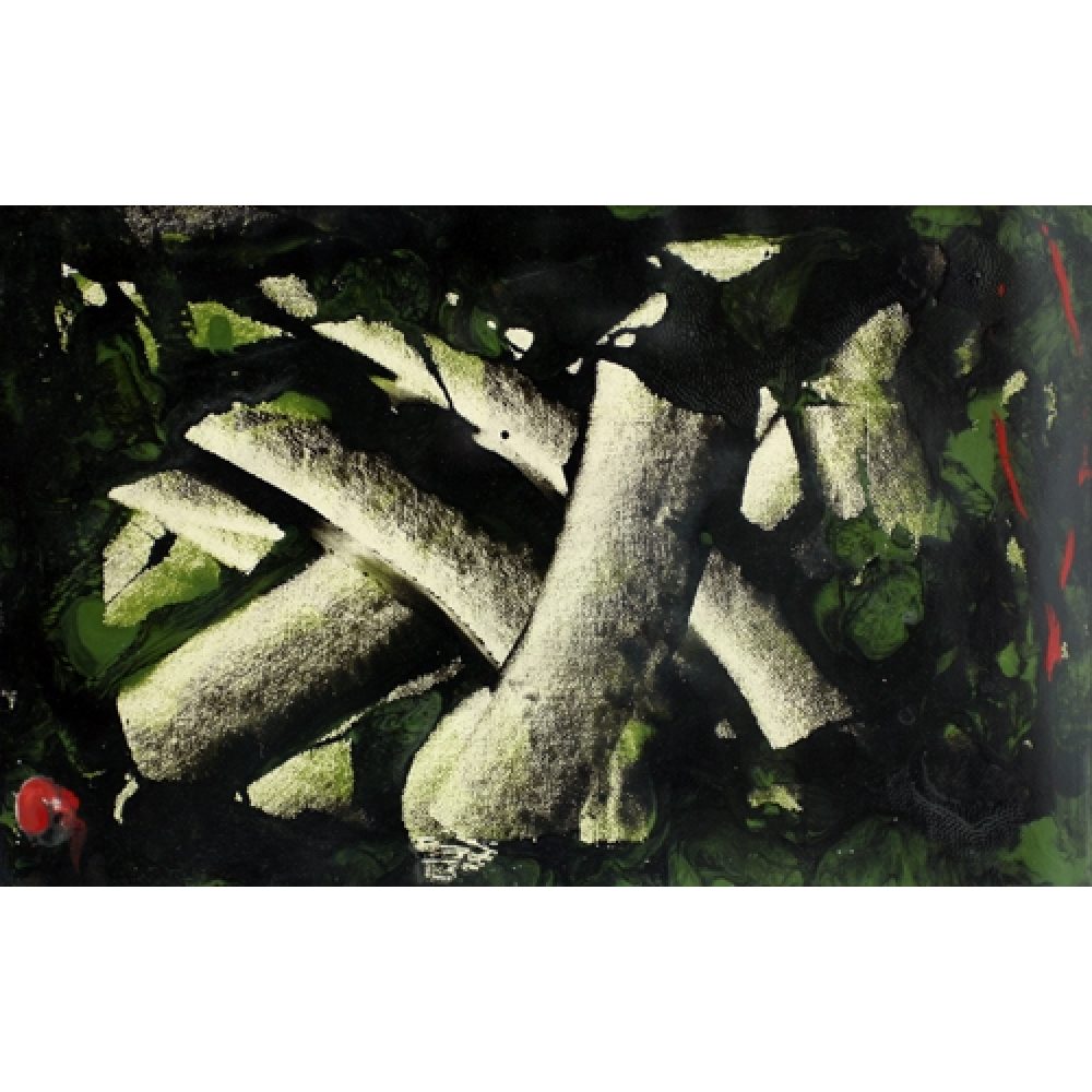 Abstract painting with bold, off-white brushstrokes on a dark green and black background.