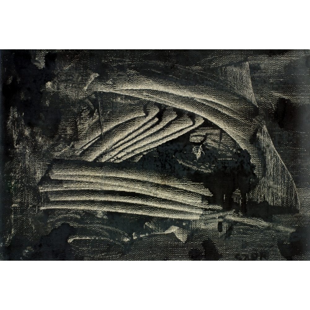 Artwork dominated by a monochromatic color palette, featuring swirling, wave-like patterns of brushstrokes. The central part is filled with curved, ribbed shapes reminiscent of overlapping layers or folds.