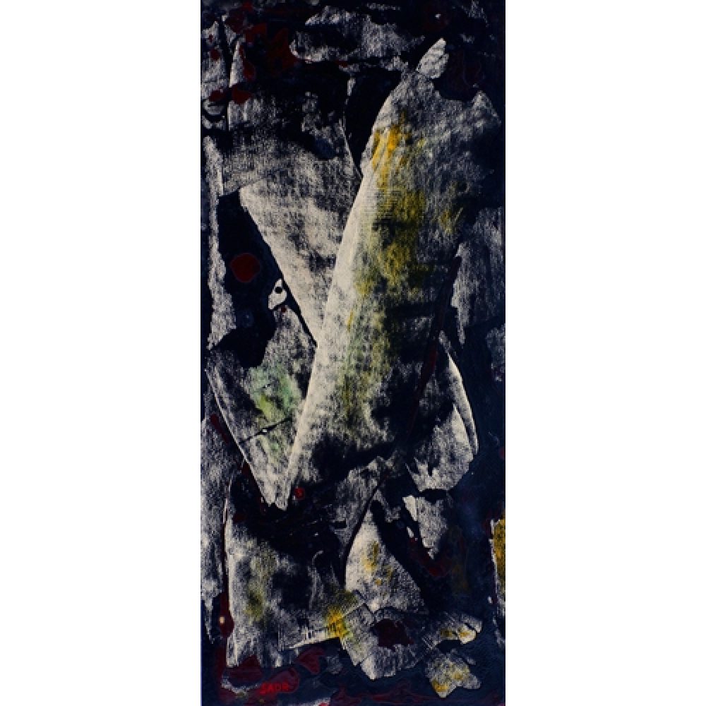 Abstract painting with black, white, gray, and hints of yellow and red in a layered, textured composition dominated by large brushstrokes..