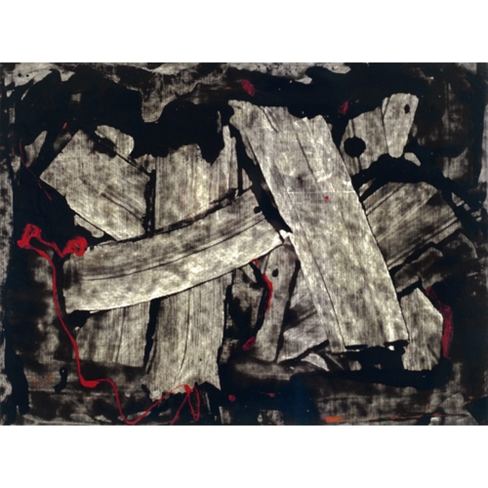Abstract painting with black, gray, and hints of red in a layered, textured composition dominated by large brushstrokes.