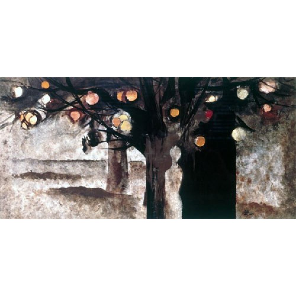 Painting of a tree with glowing spherical fruitlike objects on its branches, and a silhouetted figure, against an earthy background that resembles an arid desert.