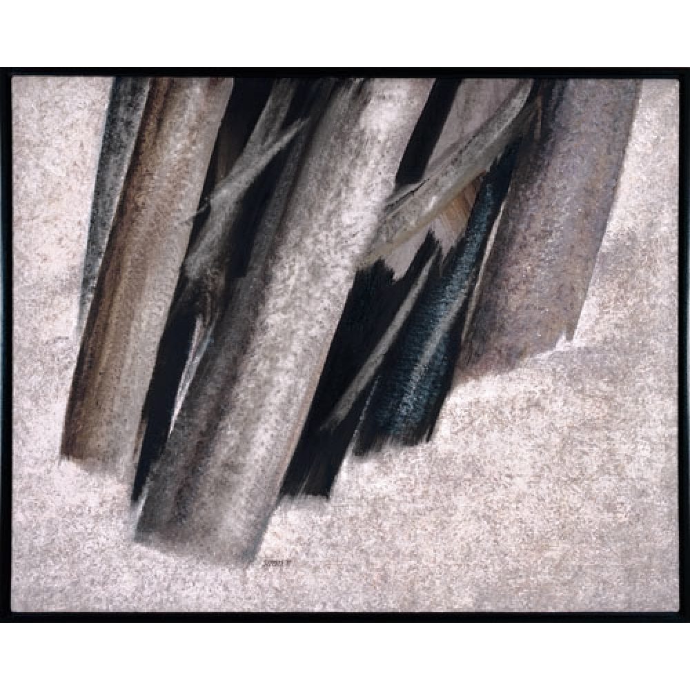 Abstract artwork of vertical shapes resembling tree trunks in shades of gray, brown, and black against a light background.