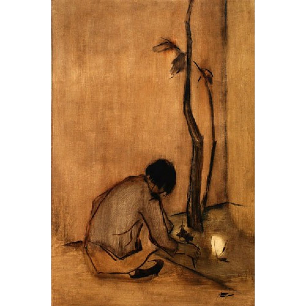 Miminal painting of a person sitting near a tree with a lit candle on the ground.
