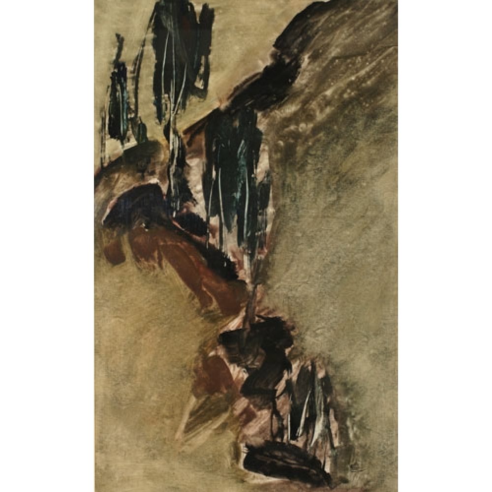 Abstract painting with dark greens and earth tones featuring tree-like forms and dynamic brushstrokes.