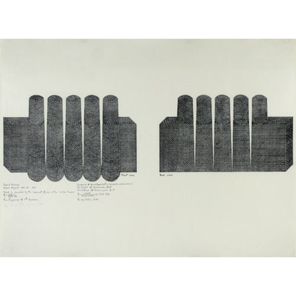 Print composed of two geometric patterns with vertical rectangular shapes and rounded tops on a light background.