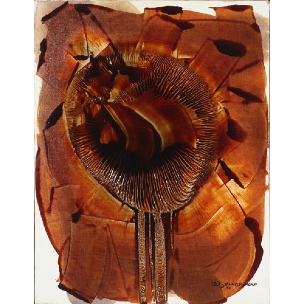 Abstract artwork with a sunflower-like shape in brown and amber tones, featuring textured lines and dripped elements.