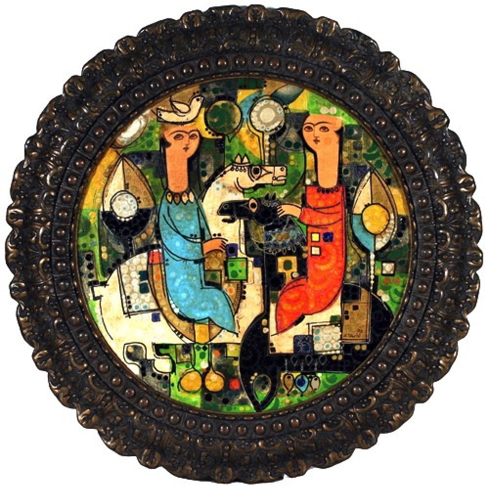 A circular artwork with two stylized figures surrounded by geometric patterns and designs in green, black, blue, and red.