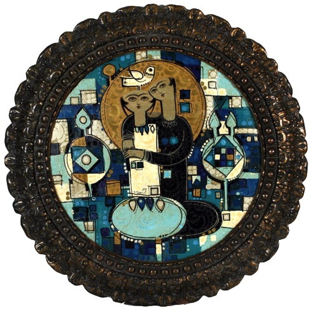 A circular artwork with two stylized figures surrounded by geometric patterns and designs in blue, gold, and black.