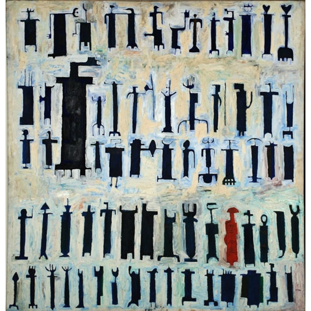 A grid of abstract, humanoid black shapes on a textured pale background, with one red shape.