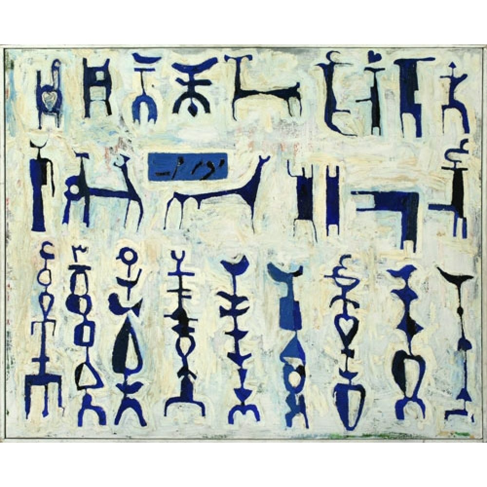 Abstract painting with blue semi-figurative shapes on a textured white background.
