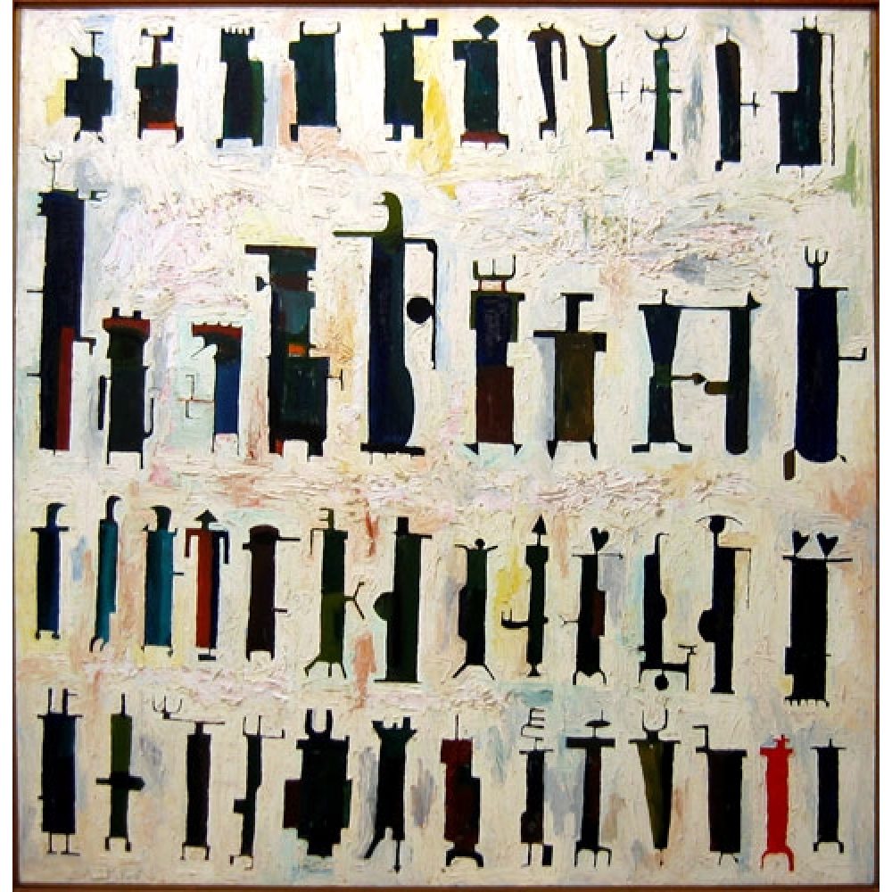 An abstract painting featuring a grid of black, humanoid shapes on a textured, pastel-colored background.