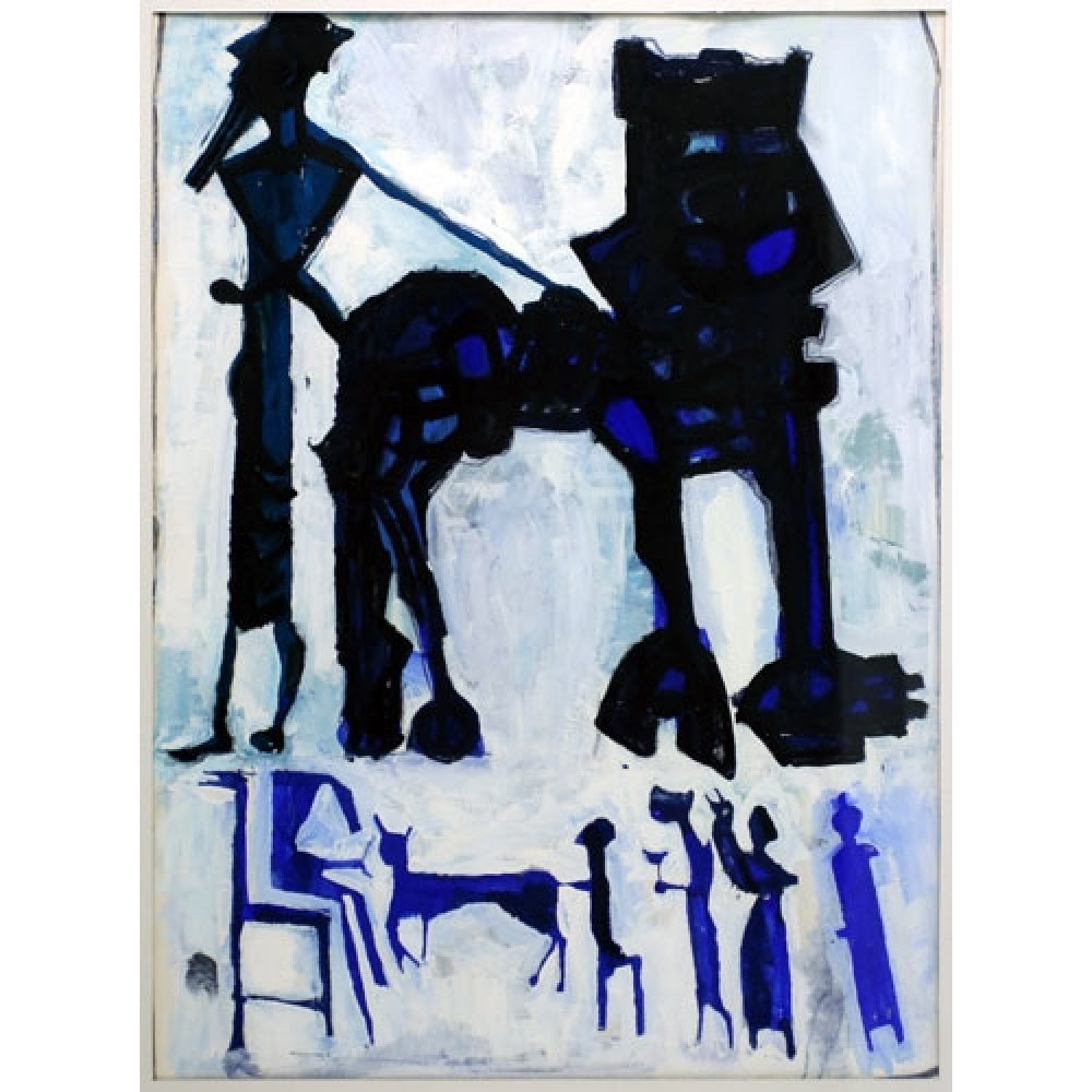 Abstract painting of dark blue and black figures on a light background, including a tall figure and a four-legged creature.