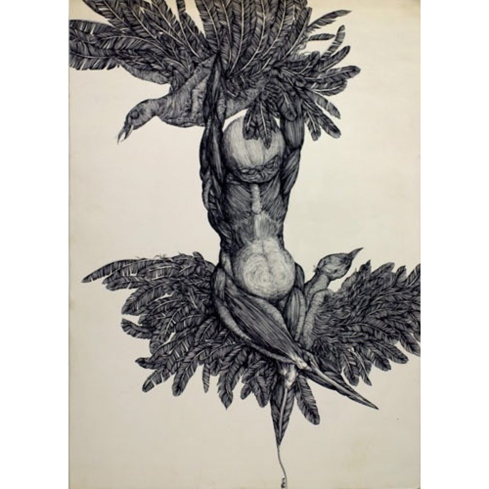Surreal illustration of a human body fused with bird features, including wings and a bird-like head.