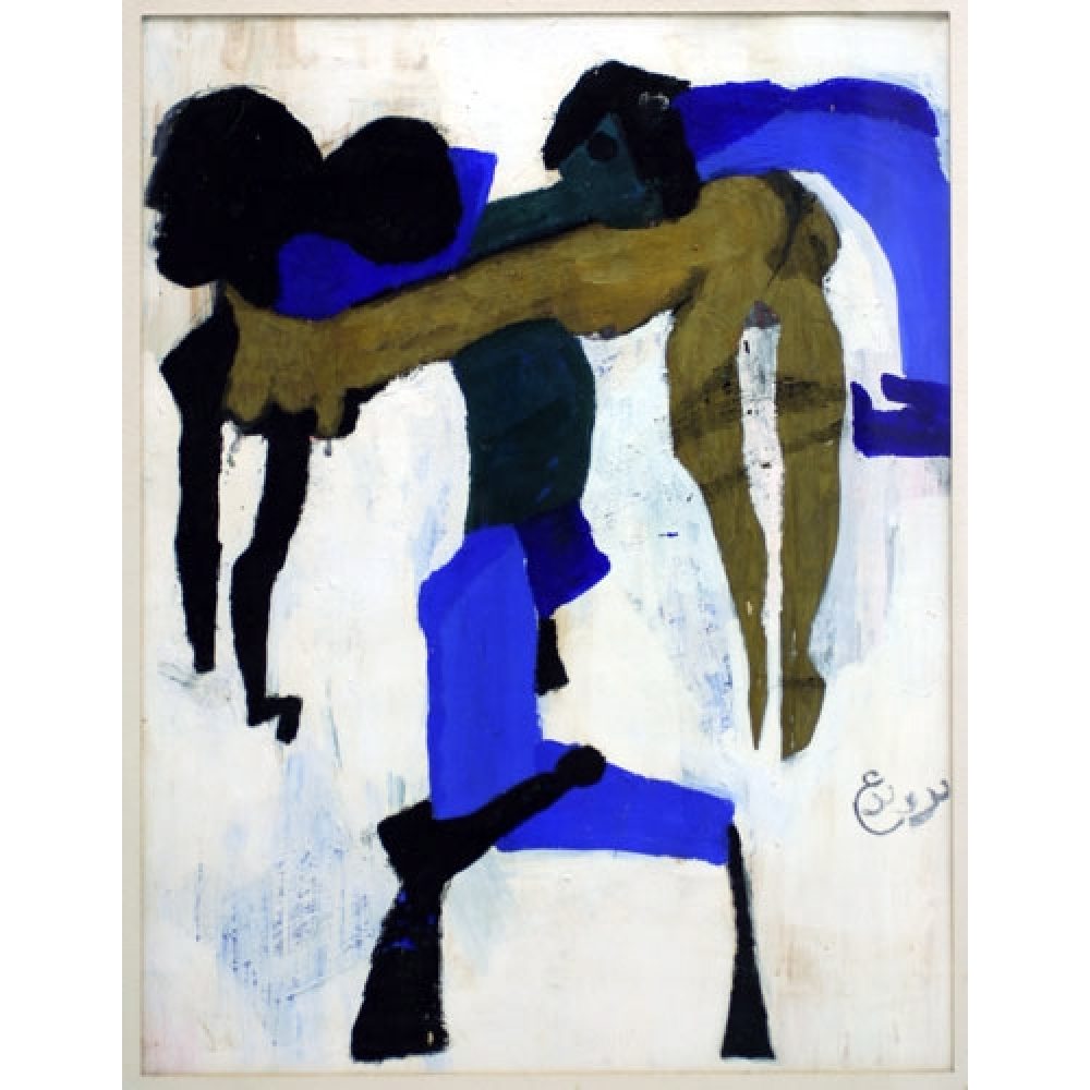 Abstract painting of two intertwined figures in black, blue, and brown on a light background.