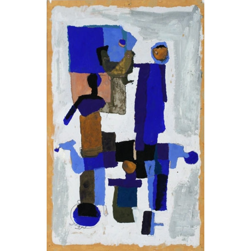 Abstract painting with blue, black, and brown geometric shapes on a grayish-white background.