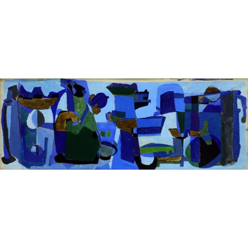 Abstract painting with blue geometric shapes and accents of green, brown, and black.