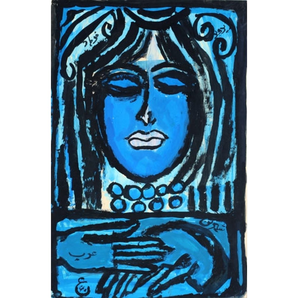 Abstract painting of a face and hands in blue and black tones with swirling patterns.