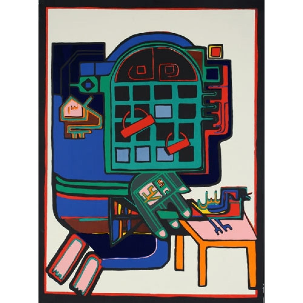 Abstract lithograph featuring a gridded window with red padlocks and colorful geometric shapes.
