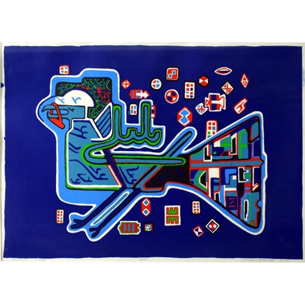 Abstract artwork of a stylized nightingale bird composed of geometric shapes on a deep blue background.