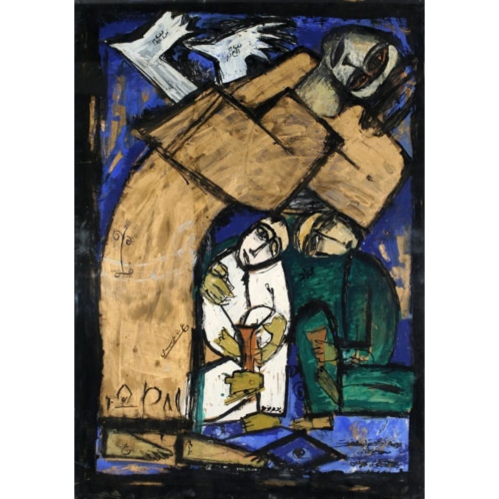 Abstract painting with geometric shapes, featuring a large figure bending over smaller figures with hands up in a protective stance, set against a blue background.