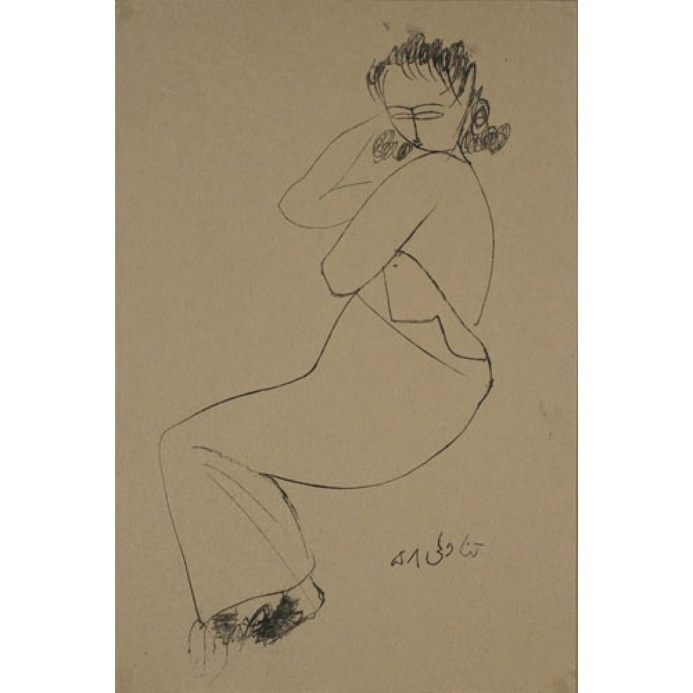 Minimalistic ink drawing of a seated woman with dark hair and dark slippers, created with flowing lines on tan paper.