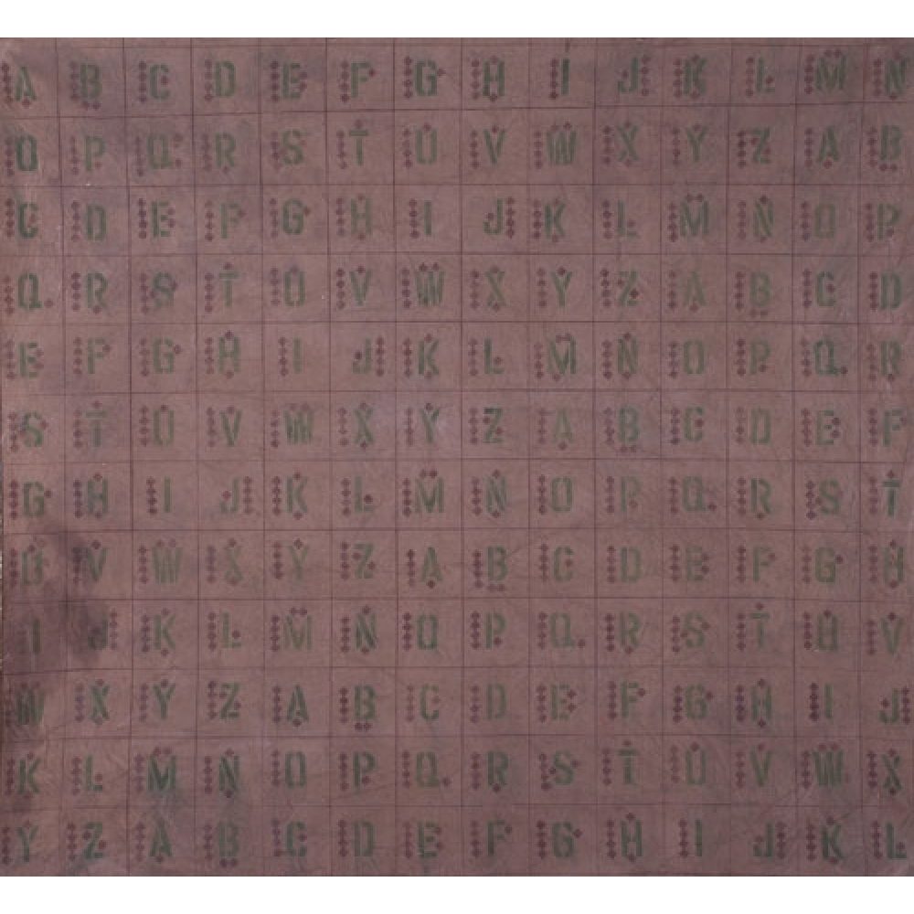 Painting depicting the English letters of the alphabet in a grid pattern, with the dark green letters appearing on a purple-brown background.