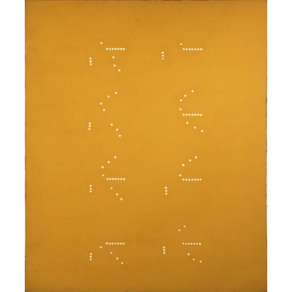 Minimalist mustard-colored painting with two columns of clusters of white dots.