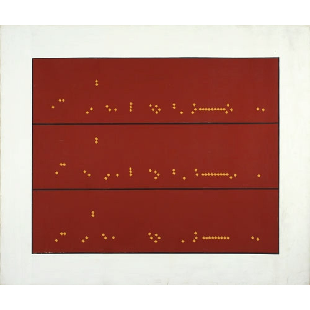 A minimalist painting with three horizontal red sections featuring small clusters of yellow dots.