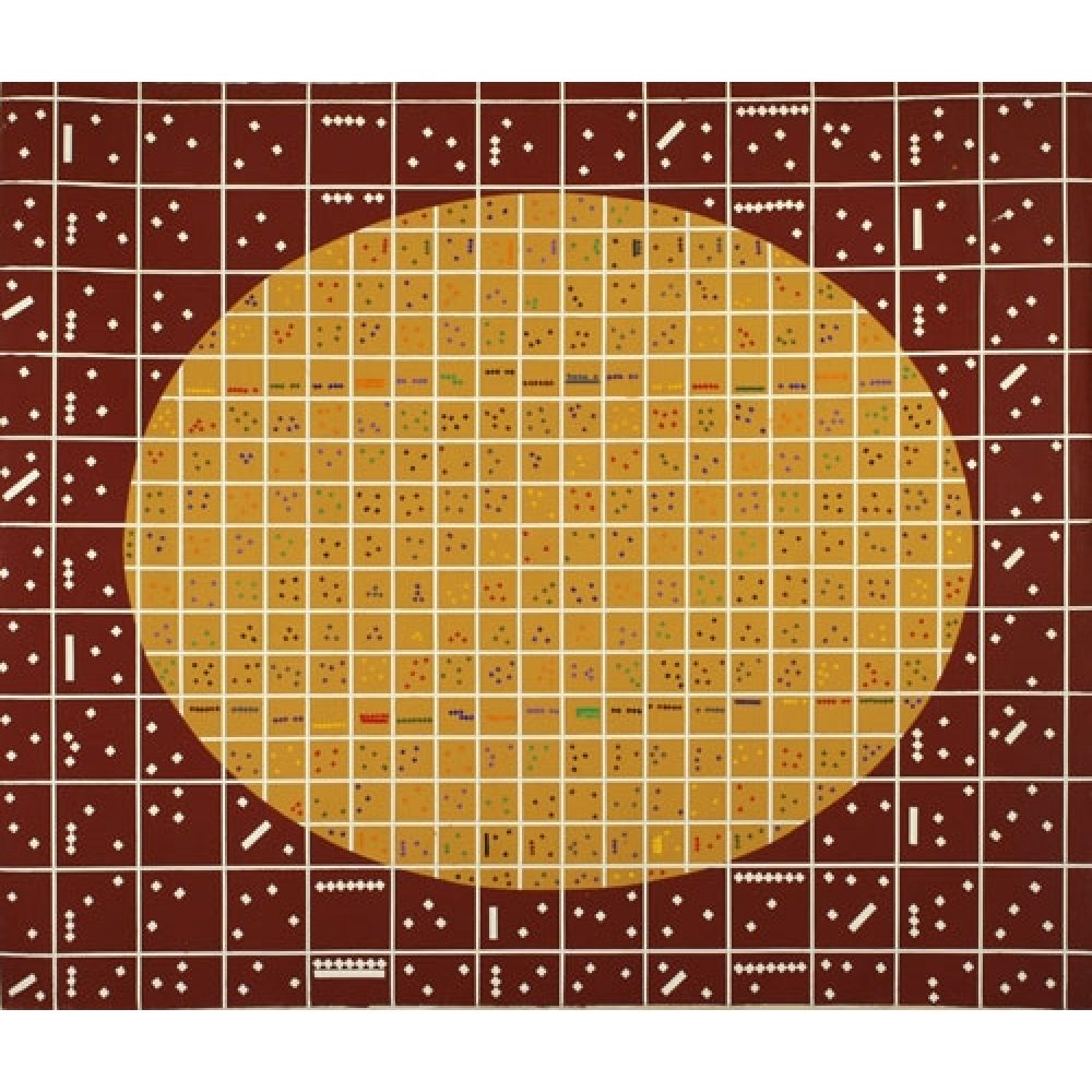 Abstract geometric painting with a central yellow oval over a grid pattern and burgundy background with clusters of white dots.