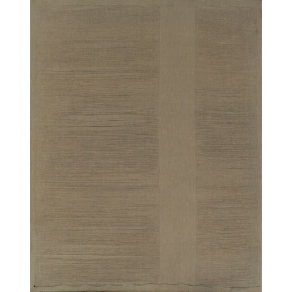 Dark muslin fabric in a rectangular composition. The warps of the muslin have been pulled so that only the wefts remain intact in most of the work. A long vertical column of unworked fabric occupied the center right of the composition.