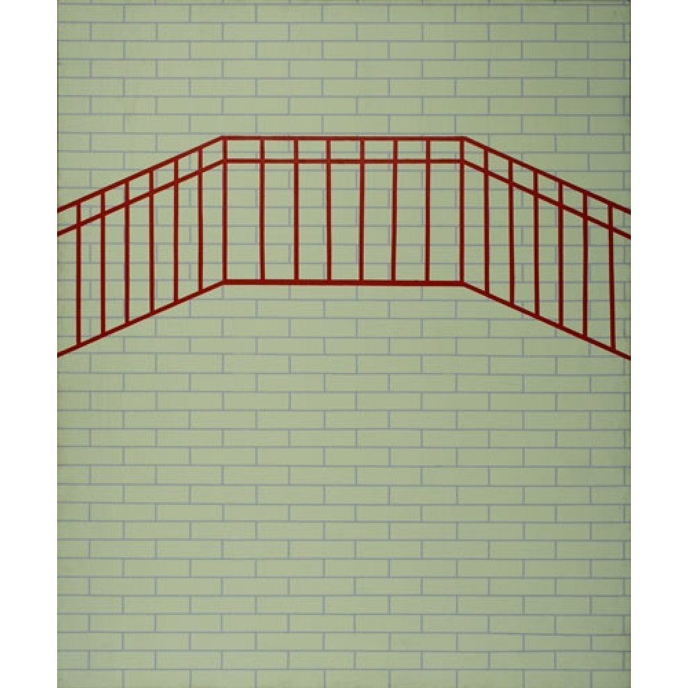 Red geometric railing shape on a pale green, brick-patterned background.