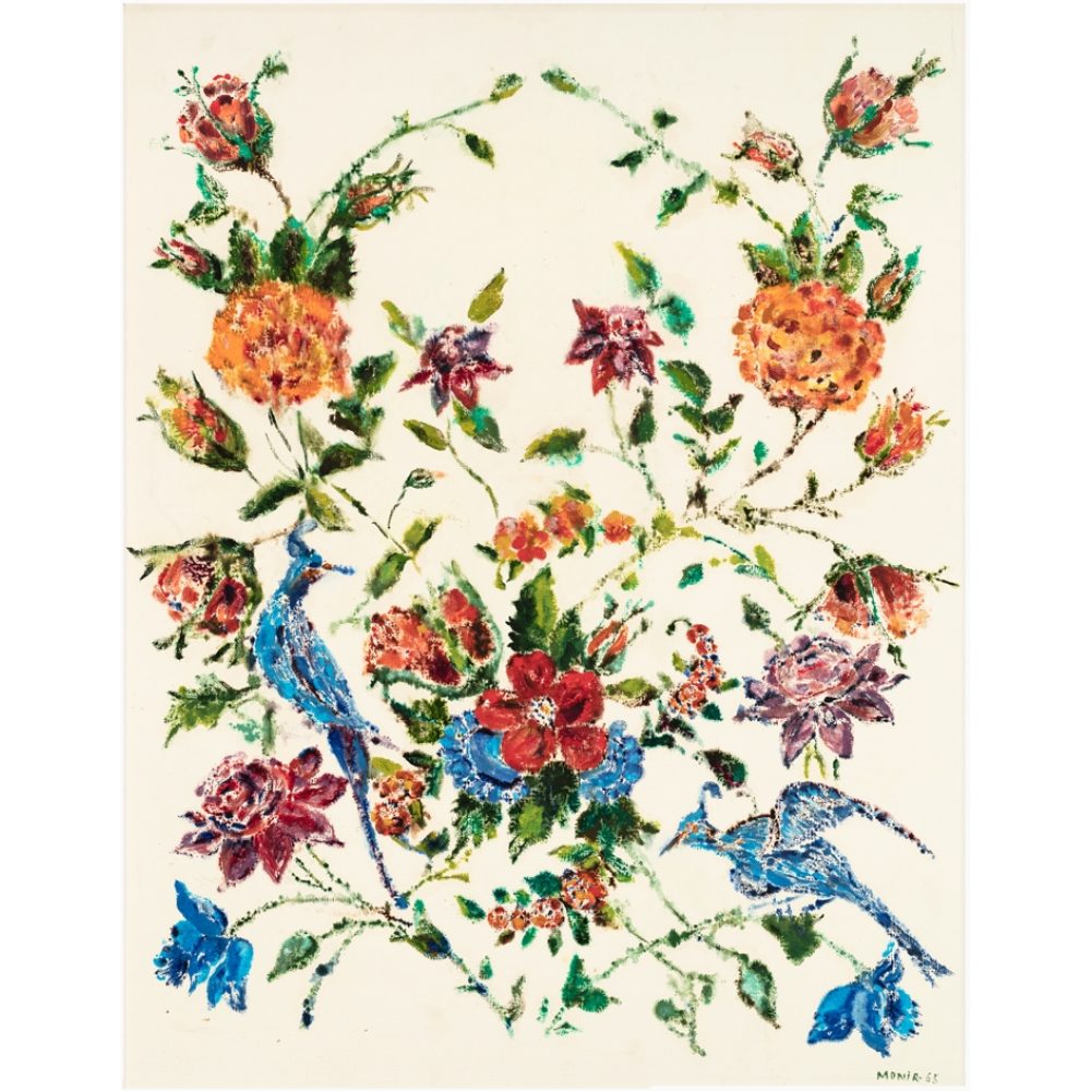 Monotype with a design of green vines budding with orange, red, and blue flowers on a cream-colored background. Two bluejays sit atop vines, examining the flowers, in the bottom of the work.