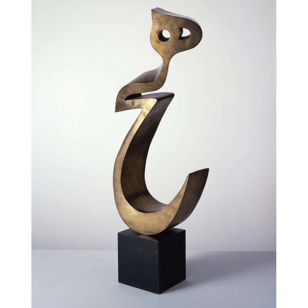 Abstract bronze sculpture on a black cubic base with interlocking, curved forms and hollow circles.