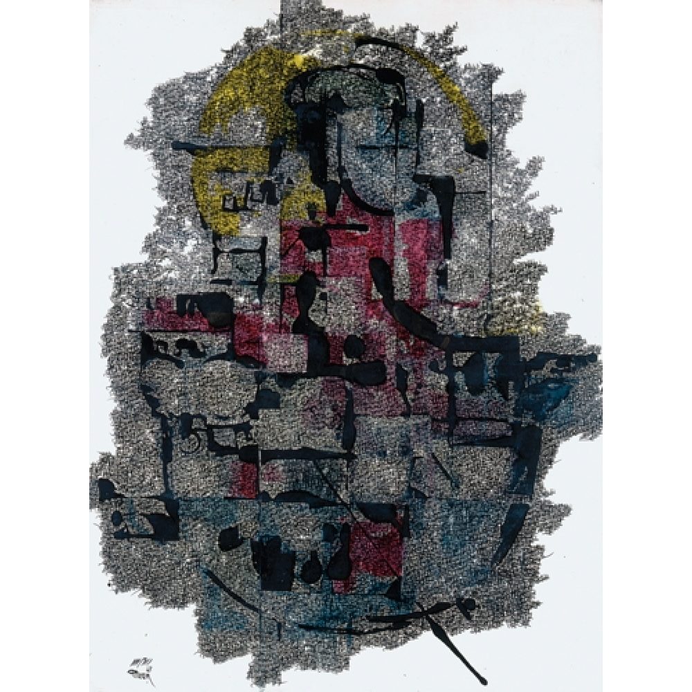 Painting that largely appears abstract, formed by a variety of densely articulated script. The figure of a female bandit on horseback (holding a cocked Colt 45 pistol) is embedded within its web of black lines.
