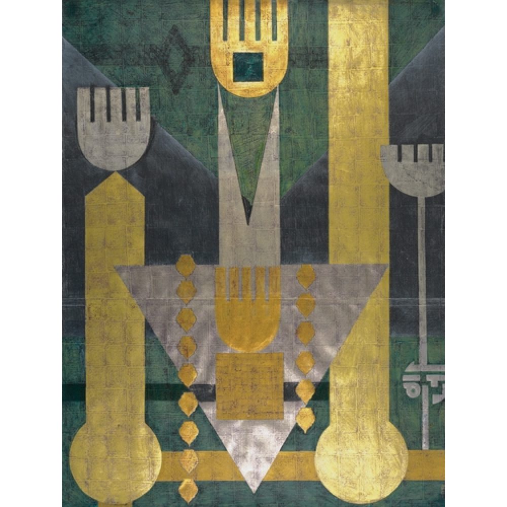 Mixed-media work depicting architectural fragments and body parts that merge, in shades of gold, silver, and emerald green. Domes and minarets appear as geometric forms alongside similarly abstracted representations of religious props, such as the hand of Hazrat Abbas.